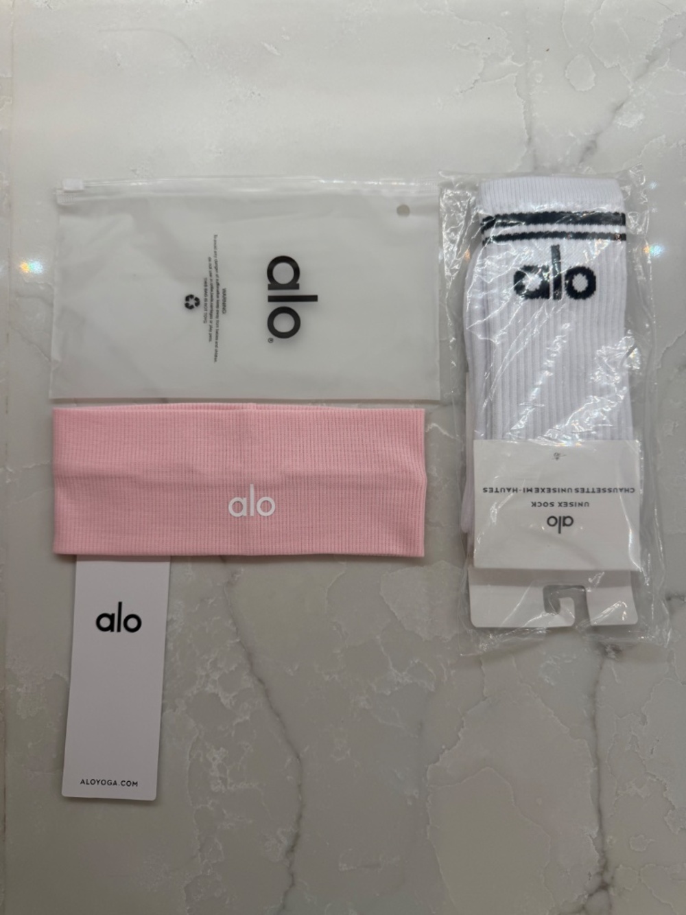 Alo Pink headband AND One Pair of white crew socks